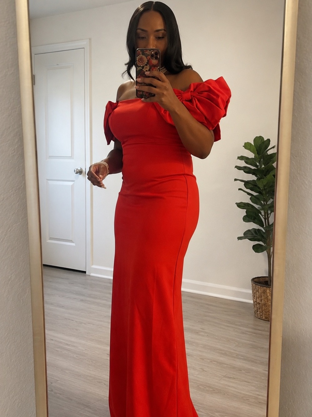 Off-Shoulder Red Evening Gown with Bow Sleeves